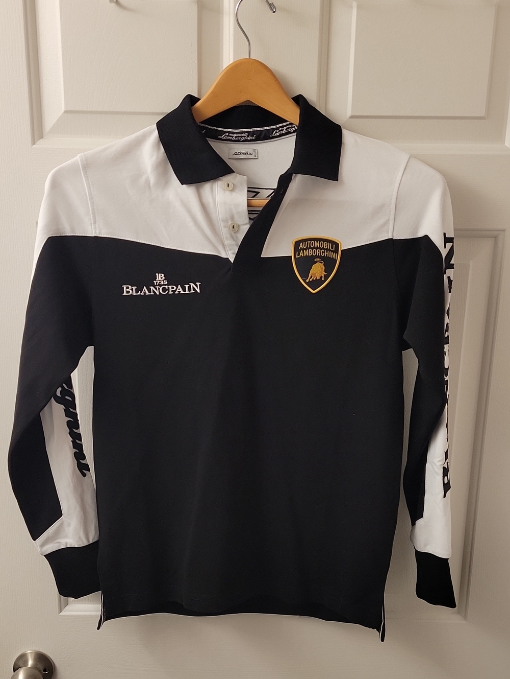 Lamborghini Black & White Long-Sleeve Polo with Embroidered Shield